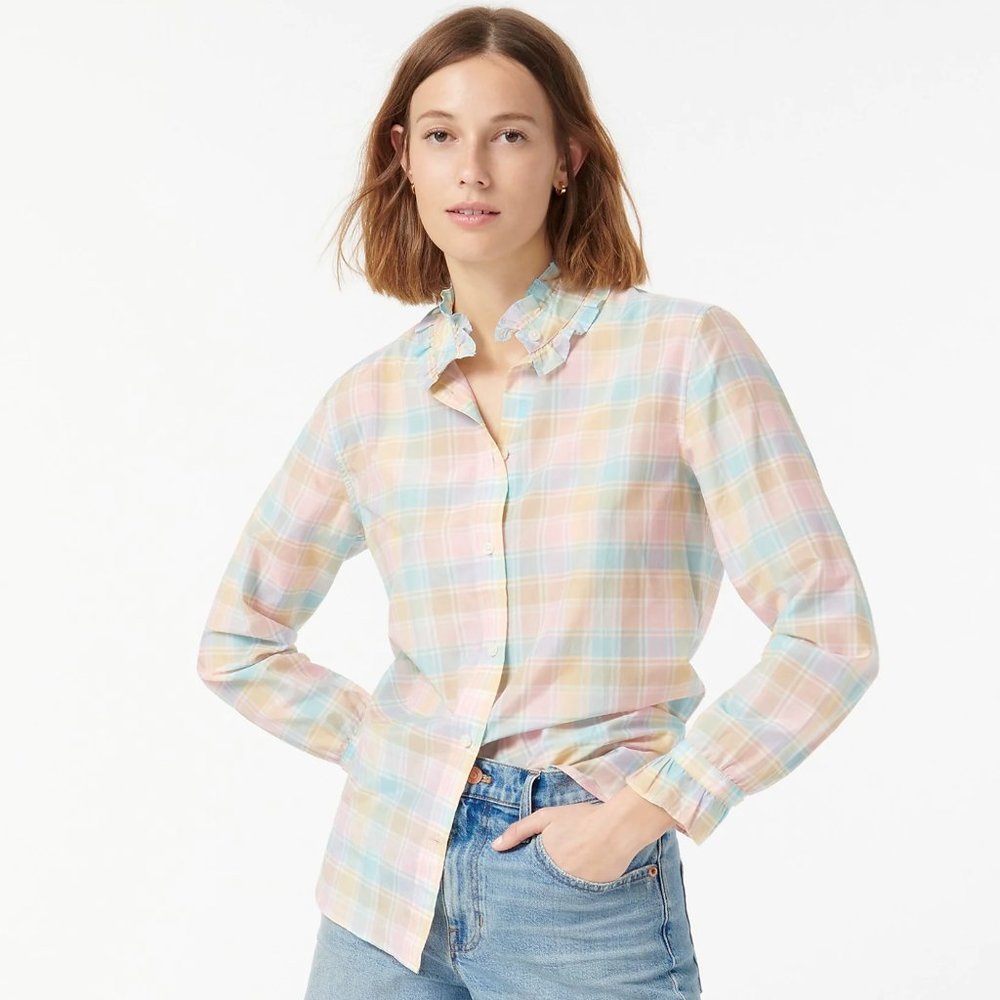 🌈 New 🌈 J Crew Classic-Fit Cotton-Silk Voile Ruffleneck Shirt in Pastel Plaid